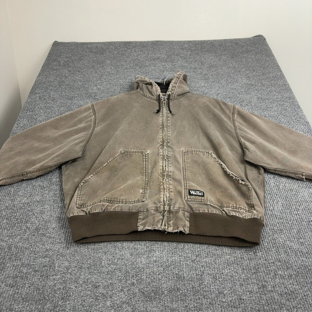 Walls Jacket Men 2XL Brown Cotton Canvas Hooded Distressed Workwear Bomber Style